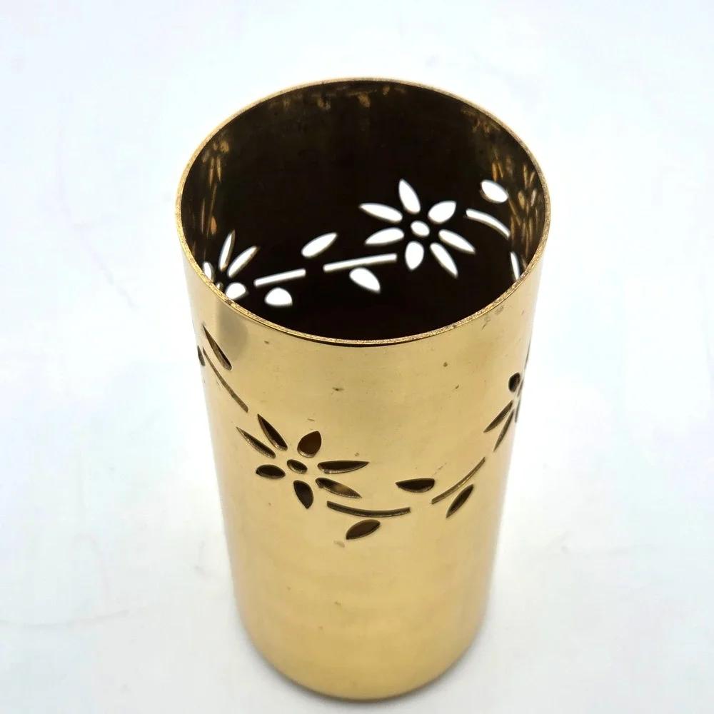 VINTAGE Gold Metal Votive Candle Holder Cut Out Floral & Vines with Glass Liner